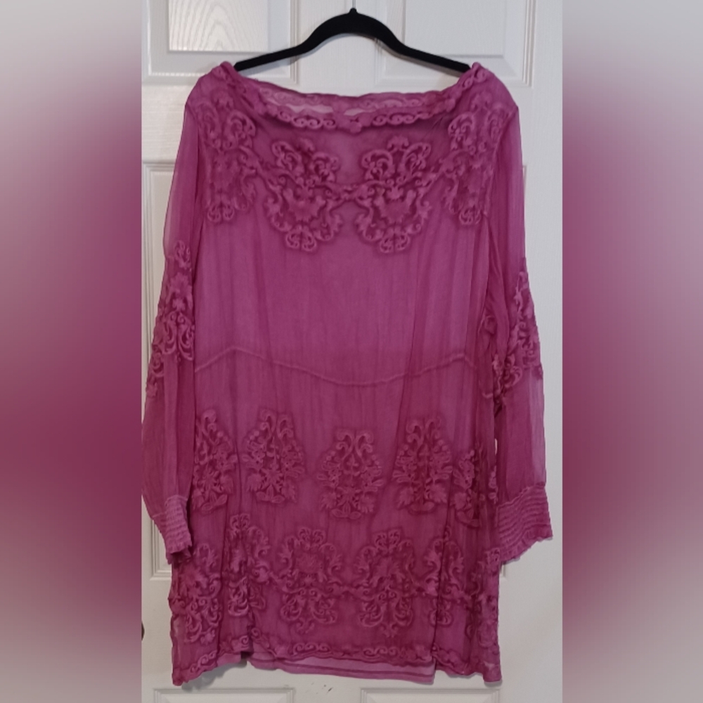 Soft Surroundings XL Silk Purple Blouse With Embroidery Sheer Chic Fall Travel